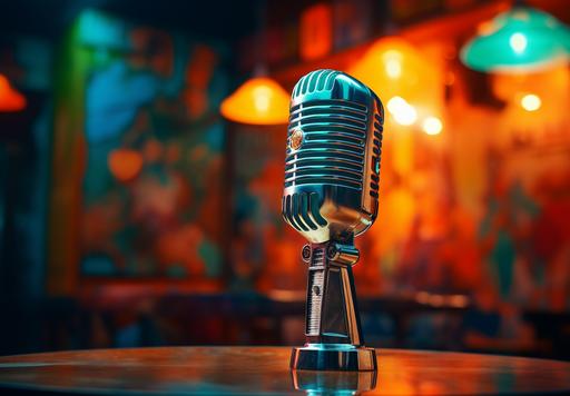 real old fashioned microphone sitting on top of a table in a bar, in the style of colorful imagery, vray tracing, willem haenraets, vibrant, saturated colors, light teal and orange, realistic yet stylized, vibrant stage backdrops --ar 128:89