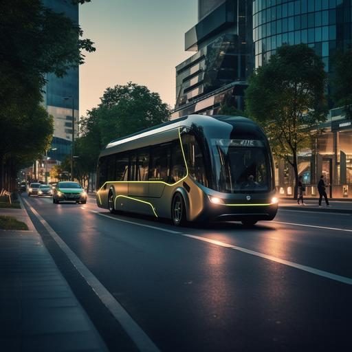 real phote, modern hydrogen city bus driving down a city street, eco-architecture, modern design, positive lighting, human connections, made by hasselblat
