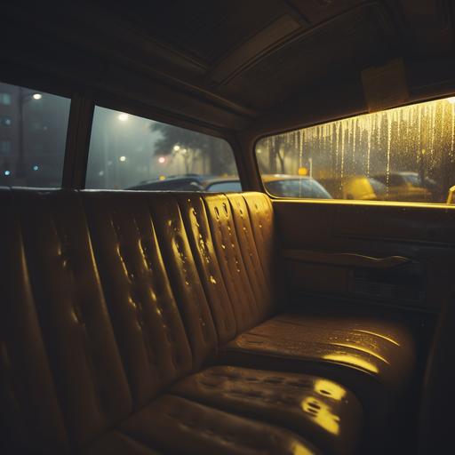 real photo, 4:3. Clean interior of an 80's taxi, is raining outside and there's fog. Point of view looking the rear seats. Dinamic shot, cinematic shot. --v 5.2