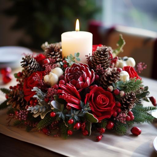 real photo, high quality, christmas table centerpiece, closeup