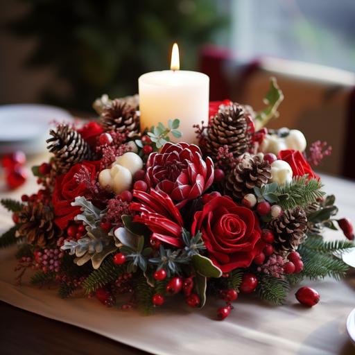 real photo, high quality, christmas table centerpiece, closeup
