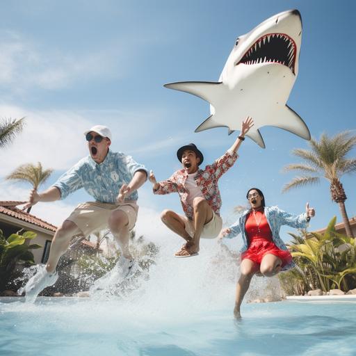 real photo of a black college student, a female asian college student, and an older white man wearing skiis, a hat, and a life preserver jumping over a shark. Palm trees, pool, blue sky