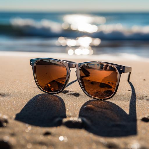 real photo quality, sunglasses on a beach closeup