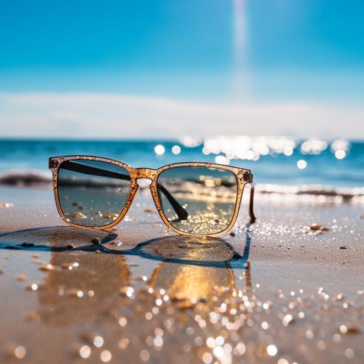 real photo quality, sunglasses on a beach closeup