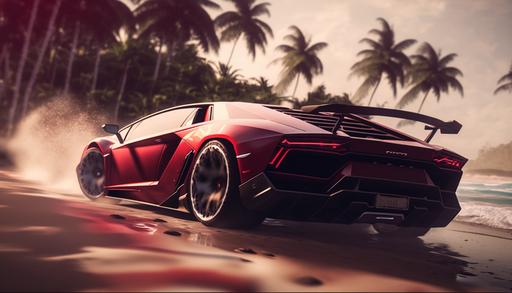 real photo, tuned lamborghini aventador, dark red metallic body paint, in a skid motion with smoke at sunny tropical beach --ar 16:9 --style 4a