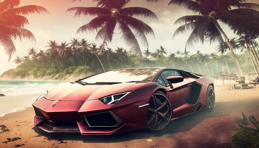 real photo, tuned lamborghini aventador, dark red metallic body paint, in a skid motion with smoke at sunny tropical beach --ar 16:9 --style 4a