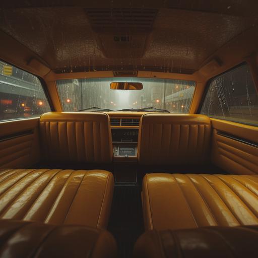 real photo. Clean interior of an 80's taxi, is raining outside and there's fog. Point of view looking the rear seats. Dinamic shot, cinematic shot. --v 5.2