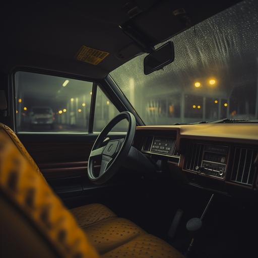 real photo. Clean interior of an 80's taxi, is raining outside and there's fog. Camera focus on rear seats. Dinamic shot, cinematic shot. --v 5.2