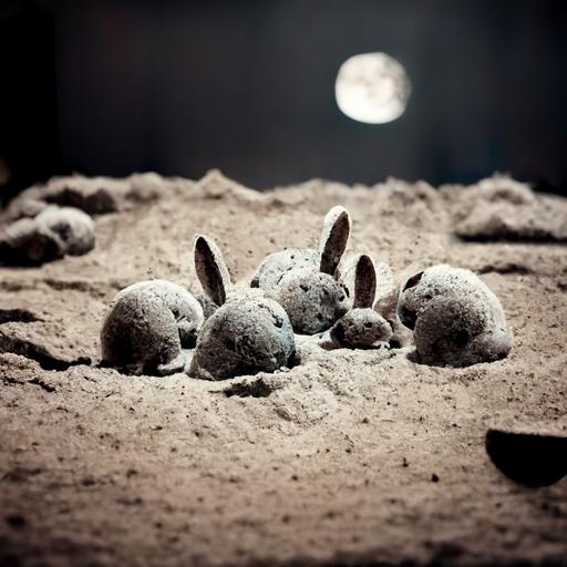 real photograph of bunnies gathering sand on the moon
