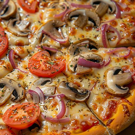 real photography close up, pizza with mushrooms, cheese, tomato, onion and garlic