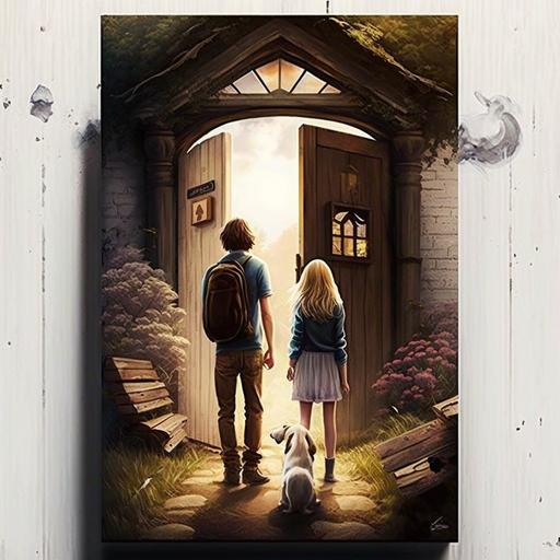 real poster,man and woman, love, holding hands, story , big heaven door, movie poster , hyperrealistic,4k, poster , realistic illustration , significant details , curious , village , small dog , fairies , animals , realism --s 750
