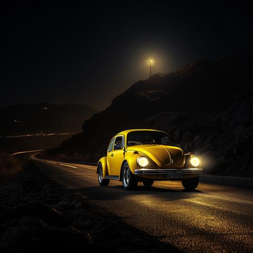real yellow bettle car driving in the night in karak highway looking scary