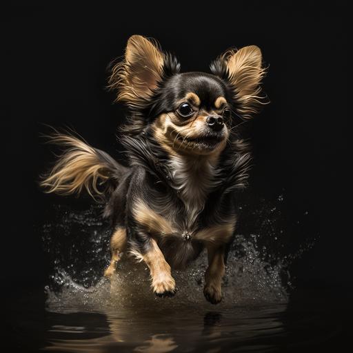 3Dimagine. real. photograph .This is a black and tan Chihuahua with long hair wearing sunglasses, joyfully playing in a puddle against a black background. Its small body exudes energy as it frolics around. Its ears stand up straight and its tail wags with excitement, just like a child. This snapshot captures the moment when the Chihuahua jumps out of the puddle, overflowing with cuteness and joy