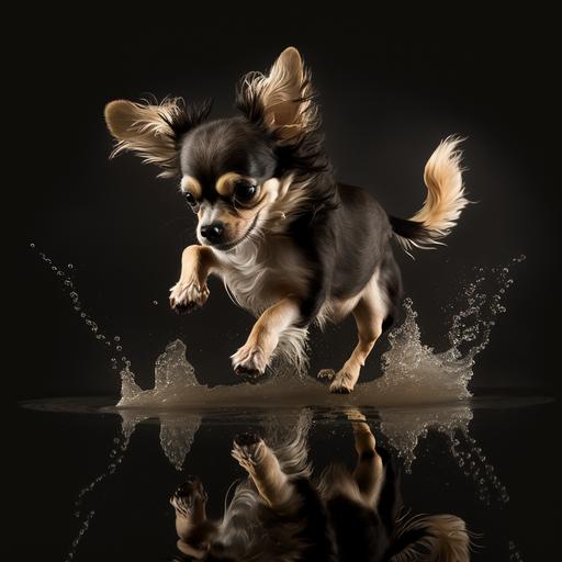 3Dimagine. real. photograph .This is a black and tan Chihuahua with long hair wearing sunglasses, joyfully playing in a puddle against a black background. Its small body exudes energy as it frolics around. Its ears stand up straight and its tail wags with excitement, just like a child. This snapshot captures the moment when the Chihuahua jumps out of the puddle, overflowing with cuteness and joy