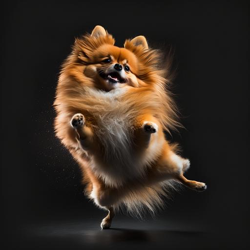 3Dimagine. real. photograph.Amidst a black background, a bright orange Pomeranian starts dancing! With narrowed eyes and tongue out, its expression is full of joy. When its owner lightly taps its hand, the Pomeranian synchronizes its feet and extends its arms to jump! Its steps are light and rhythmic, and it dances around its owner while showing its belly with happiness. Its form is like that of a professional dancer.