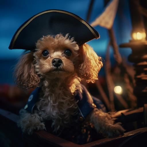 3Dimagine. real.photograph.A toy poodle dressed as a pirate on a pirate ship with the background of the night sea