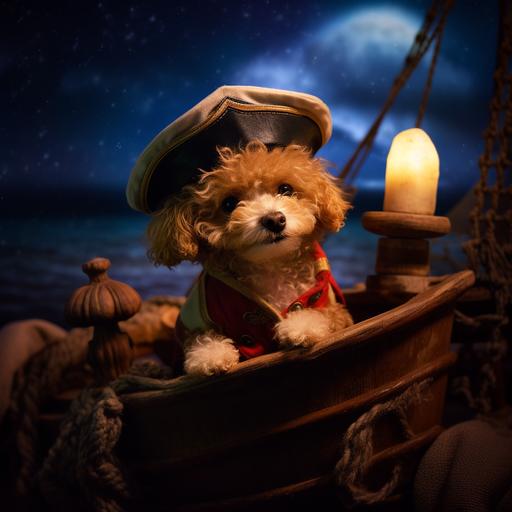3Dimagine. real.photograph.A toy poodle dressed as a pirate on a pirate ship with the background of the night sea