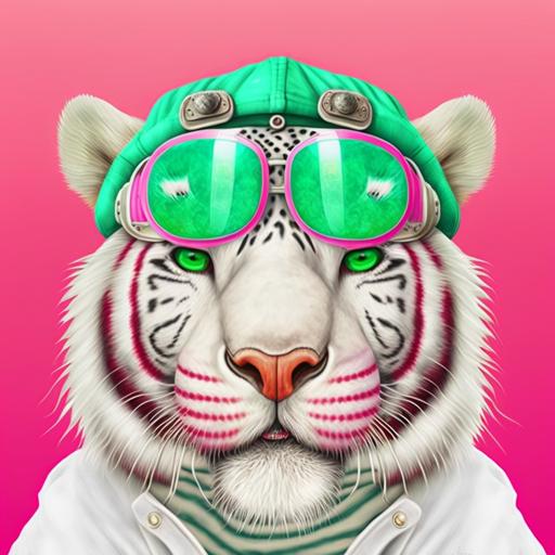 realastic white tiger with eyewear, green cap, red designed beach shirt, chains in neck, face expression funny, portrait 3d realastic animation, Pink plane background , --v 4