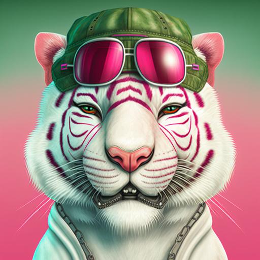 realastic white tiger with eyewear, green cap, red designed beach shirt, chains in neck, face expression funny, portrait 3d realastic animation, Pink plane background , --v 4