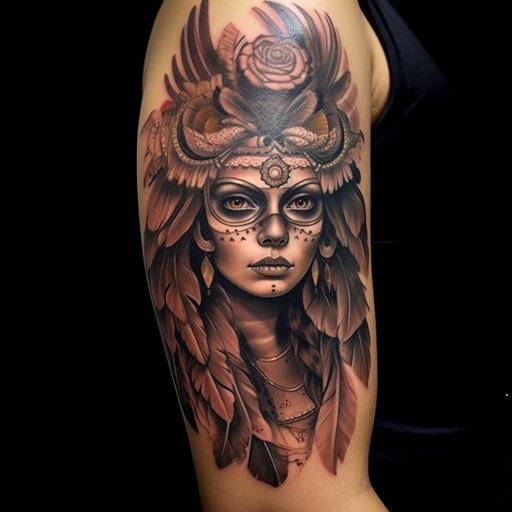 realism, horned owl, girl, Dia de los muerto owl tattoo sleeve