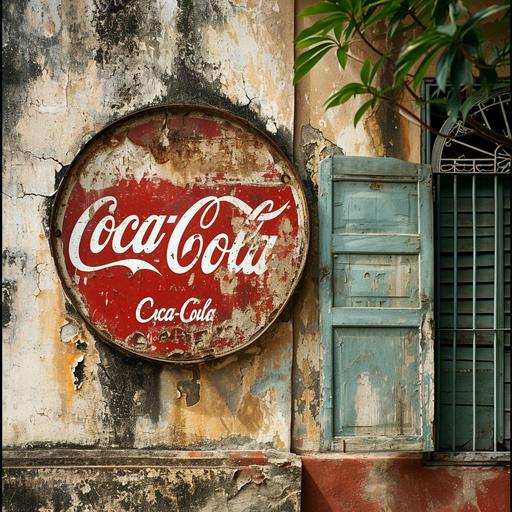 realism, photography, photo old round tin, worn round Coca-Cola sign in Cuba, with the words 