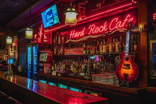 realism, photography, photo vintage neon guitar-shaped Hard Rock Cafe sign in a bar, with the words 