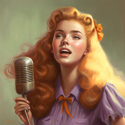 realistic 1950s teenager singing into a microphone, retrofuture, lavender blouse, orange wavy long hair, headband, round face --v 4
