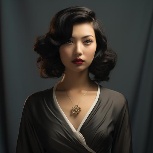 realistic 20's asian dark brown hair woman dressed and posing like zara model
