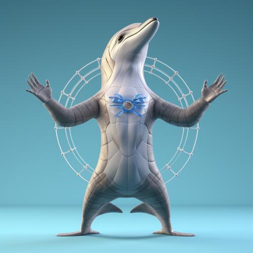 realistic 3d dolphin, cartoon character in the vitruvian man pose