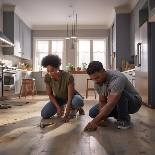 realistic 4K image of a happy moderately attractive 35-year-old mixed-race male and female couple with their backs towards each on hands and knees on the floor while actively cleaning or doing a home maintenance project in a modern but modest home