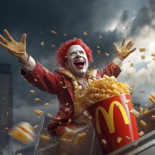 realistic 4k image of Ronald McDonald,sitting on a McDonald’s billboard,cloudy raining day backdrop,flying burgers,French fries falling out the sky