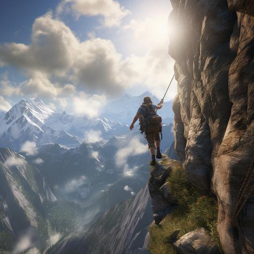 realistic Alps scenery, climber in danger of falling off a cliff