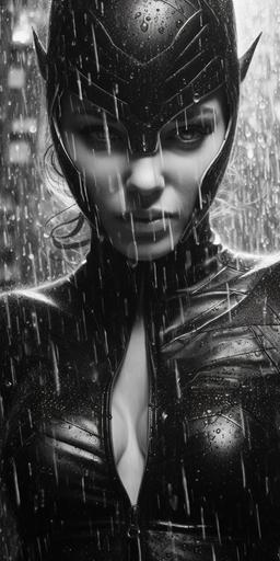 realistic Catwoman in a stitched black and white latex quilt suit, gritty, dark, night, extreme close up, ultra detailed, raining, sparks --ar 1:2 --s 1000 --v 5.1 --q 2 --s 750 --s 750 --s 750 --s 750 --s 750 --s 750