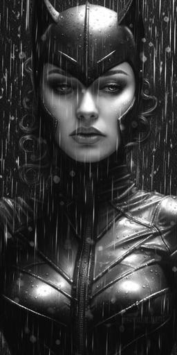 realistic Catwoman in a stitched black and white latex quilt suit, gritty, dark, night, ultra detailed, raining, sparks --ar 1:2 --s 1000 --v 5.1 --q 2 --s 750 --s 750 --s 750 --s 750 --s 750 --s 750