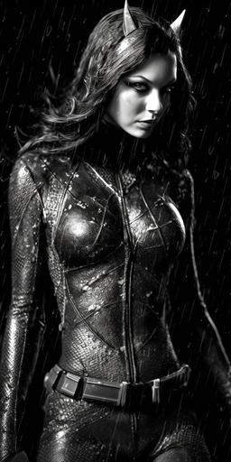 realistic Catwoman in a stitched black and white latex quilt suit, gritty, dark, night, ultra detailed, raining, sparks --ar 1:2 --s 1000 --v 5.1 --q 2 --s 750 --s 750 --s 750 --s 750 --s 750 --s 750