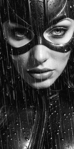 realistic Catwoman in a stitched black and white latex quilt suit, gritty, dark, night, extreme close up, ultra detailed, raining, sparks --ar 1:2 --s 1000 --v 5.1 --q 2 --s 750 --s 750 --s 750 --s 750 --s 750 --s 750