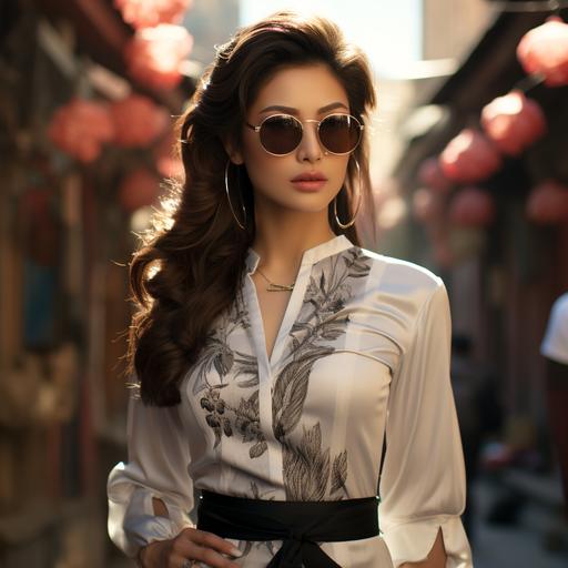realistic Filipino lady wearing sunglasses, with a modern outfit, and background inspired by the Philippines doing a cat walk show, high quality, 4k, canon lens, cinematic lighting --s 750