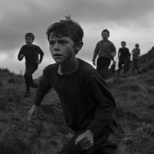 realistic HD 8k group of young teenage boys running in fear towards the camera in the visual style of Ingmar Bergman's The Seventh Seal