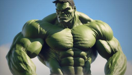 realistic Hulk upper body from thigh up only grabbing something or being super aggressive in high resolution with blue sky background, --ar 16:9