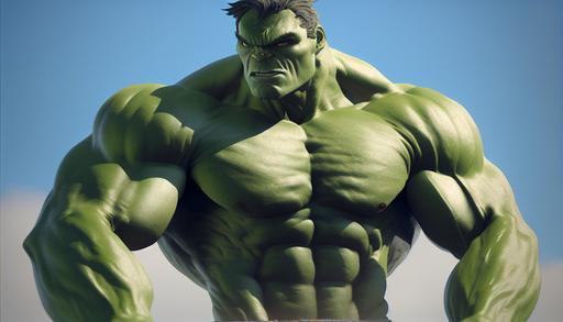 realistic Hulk upper body from thigh up only grabbing something or being super aggressive in high resolution with blue sky background, --ar 16:9