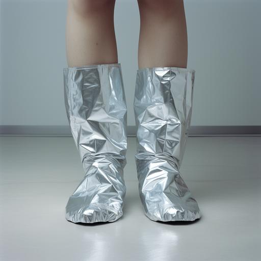 realistic Photo of feet standing on white floor, wrapped in tin foil up to the ankle.