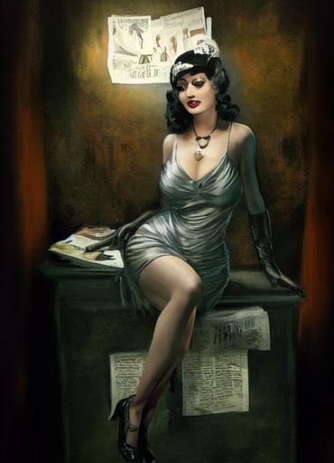 realistic Stunning Aria Giovanni as a flapper, investigator in 1920, 0.5 Artstation, 0.5 by Frank Frazetta, 0.3 by H.R. Giger, 0.2 Magazine, 0.2 Newspaper, Comic Book, 0.8 Dramatic, Dichromatism, Tonal Colors, Dark Mode, Tones of Black in Background, High Contrast, Multiverse, 4k, Adobe RGB, Natural Lighting, Cinematic Lighting, Mycelium, Posterization, Post-Production, CGI, insanely detailed and intricate, hypermaximalist, elegant, ornate, hyper realistic, super detailed, investigating, 0.5 Nightmare of Cthulhu in the background, 0.5 Call Of Cthulhu, 0.8 by Alfons Mucha, 0.5 By Jack kirby, 0.5 --w 1344 --h 1920 --test --creative --upbeta