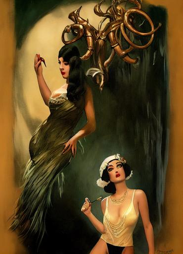 realistic Stunning Aria Giovanni as a flapper, investigator in 1920, 0.5 Artstation, 0.5 by Frank Frazetta, 0.3 by H.R. Giger, 0.2 Magazine, 0.2 Newspaper, Comic Book, 0.8 Dramatic, Dichromatism, Tonal Colors, Dark Mode, Tones of Black in Background, High Contrast, Multiverse, 4k, Adobe RGB, Natural Lighting, Cinematic Lighting, Mycelium, Posterization, Post-Production, CGI, insanely detailed and intricate, hypermaximalist, elegant, ornate, hyper realistic, super detailed, investigating, 0.5 Nightmare of Cthulhu in the background, 0.5 Call Of Cthulhu, 0.8 by Alfons Mucha, 0.5 By Jack kirby, 0.5 --w 1344 --h 1920 --test --creative