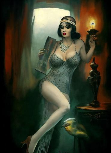 realistic Stunning Aria Giovanni as a flapper, investigator in 1920, 0.5 Artstation, 0.5 by Frank Frazetta, 0.3 by H.R. Giger, 0.2 Magazine, 0.2 Newspaper, Comic Book, 0.8 Dramatic, Dichromatism, Tonal Colors, Dark Mode, Tones of Black in Background, High Contrast, Multiverse, 4k, Adobe RGB, Natural Lighting, Cinematic Lighting, Mycelium, Posterization, Post-Production, CGI, insanely detailed and intricate, hypermaximalist, elegant, ornate, hyper realistic, super detailed, investigating, 0.5 Nightmare of Cthulhu in the background, 0.5 Call Of Cthulhu, 0.8 by Alfons Mucha, 0.5 By Jack kirby, 0.5 --w 1344 --h 1920 --test --creative --upbeta