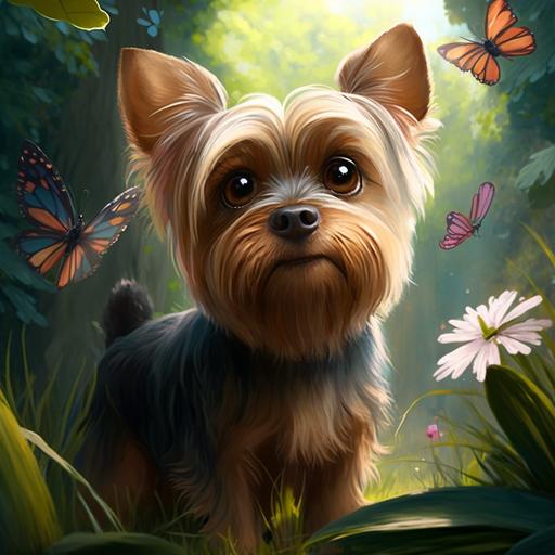 realistic and aestitic yorkie, pixar styled cartoon around the garden, trees, butterfllies, birds