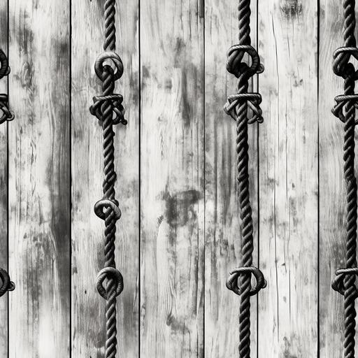 realistic and detailed knotty pine wood vertical planking pattern with an overlay of sparse nautical anchors and ropes in black and white watercolor --tile
