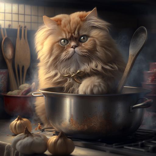 realistic and photographic picture of golden persian cat cooking at a kitchen