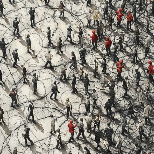 realistic and very detailed image of people connecting, in color, separated from others who do not connect in black and white