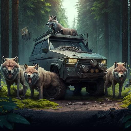realistic, angry,tiny,four wolfs, funny, forest, car, jeep