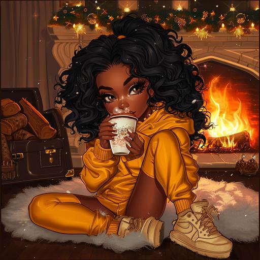 realistic anime style kawaii chibi cartoon, black girl drinking hot cocoa, sitting on her luggage, in the style of bamileke art, pin up hip hop, curves, i can't believe how beautiful this is, celebrity-portraits, shiny/glossy, wavy, captivating, fireplace background--s 250 --v 6.0